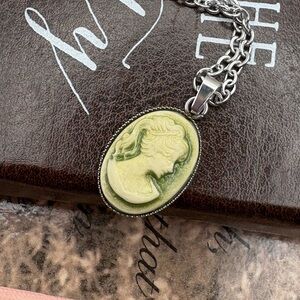 Vintage Style Green Cameo Necklace 18” Stainless Steel Cottagecore Gothic